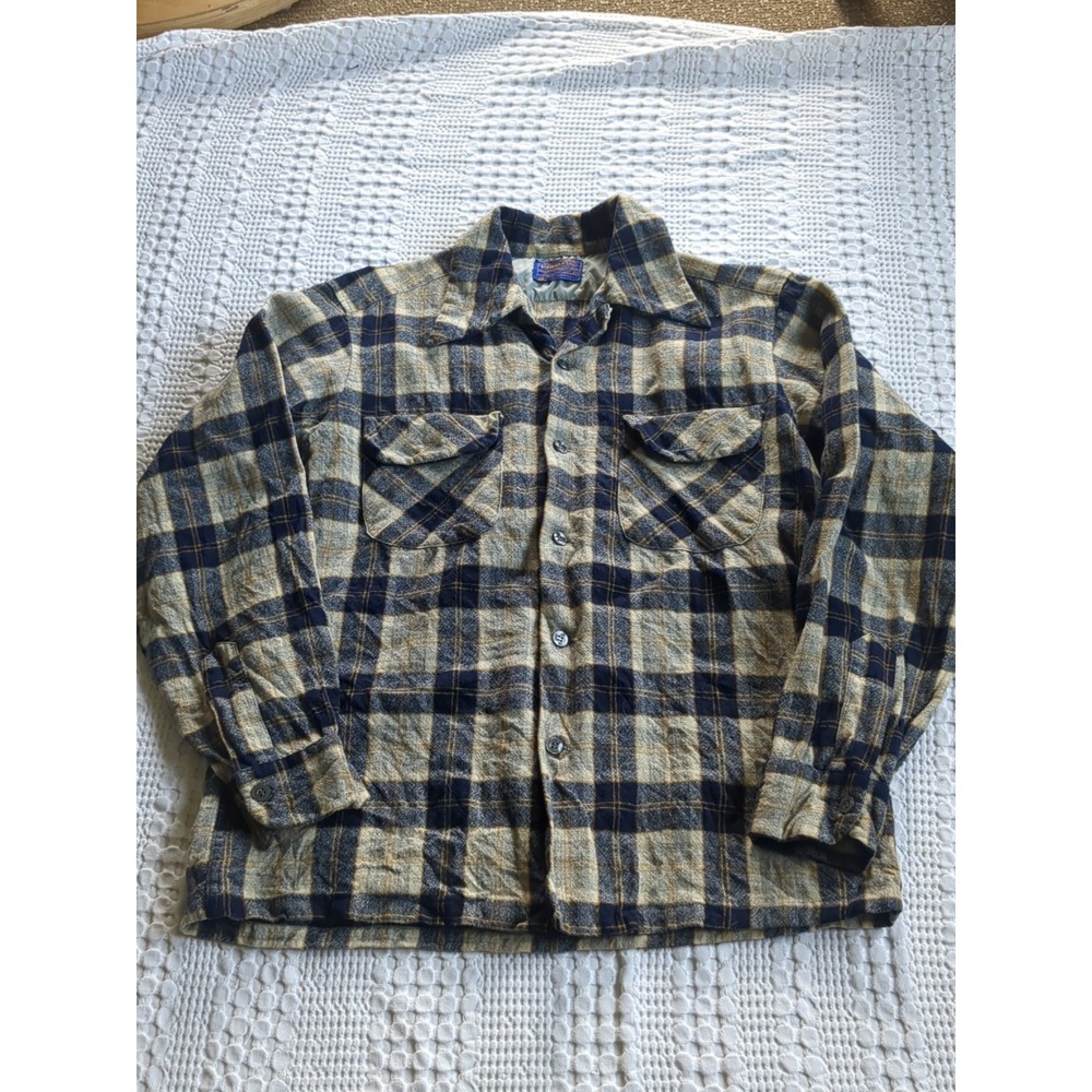 VTG 60s Pendleton Loop Collar Shadow Plaid Multicolor Medium Fits Small Button